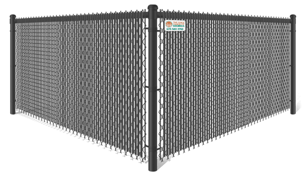 Black commercial chain link fence with black privacy slats in North Georgia