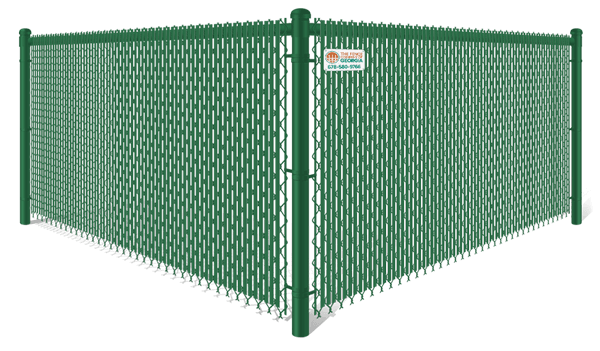 Green commercial chain link fence with green privacy slats in North Georgia