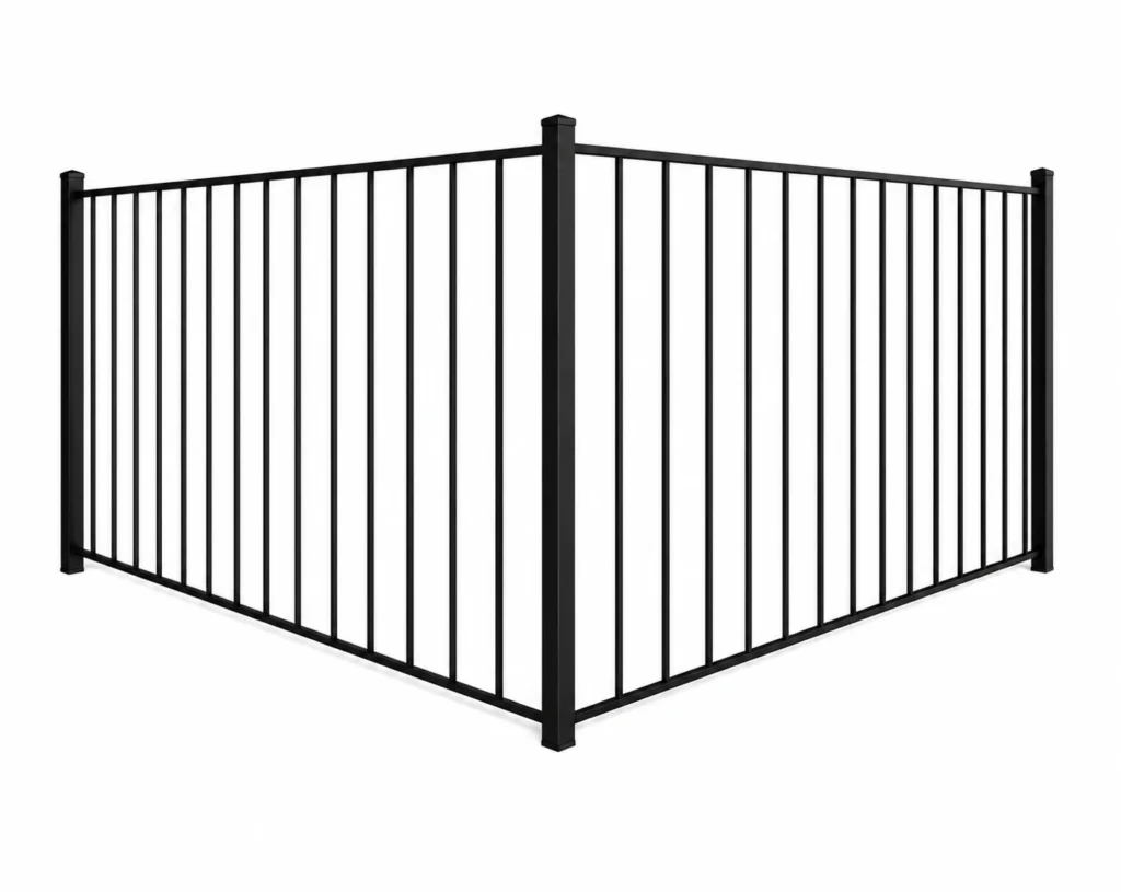 3D rendering of a black aluminum residential fence with a flat-top 2-rail design