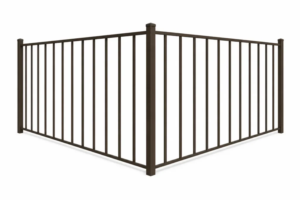 3D rendering of a bronze aluminum commercial fence with a flat-top 2-rail design