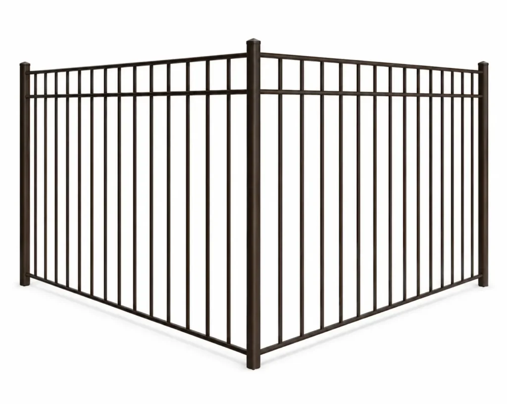 3D rendering of a bronze aluminum residential fence with a flat-top 3-rail design