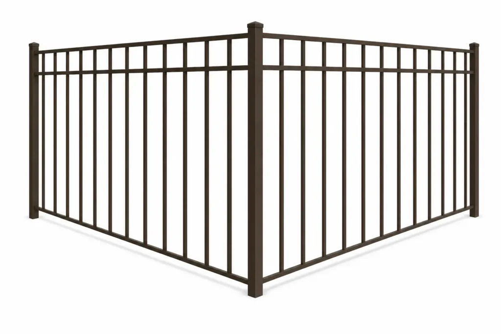 3D rendering of a bronze aluminum commercial fence with a flat-top 3-rail design