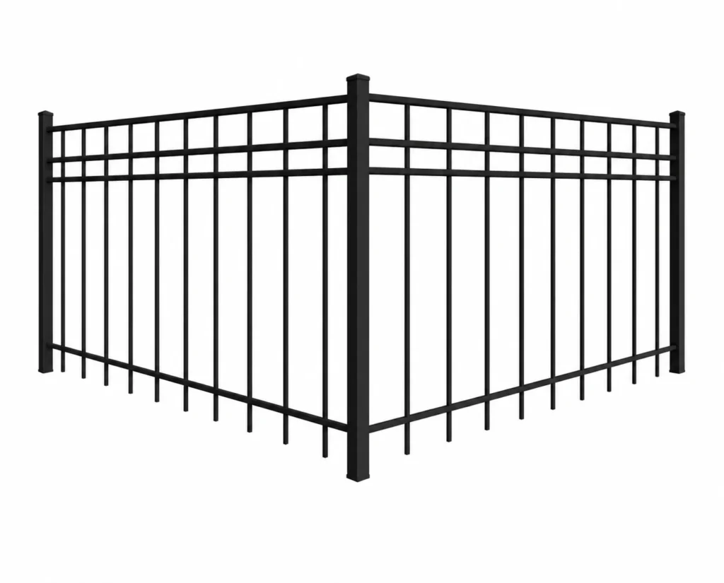 3D rendering of a black aluminum fence with a wide picket 3-rail design