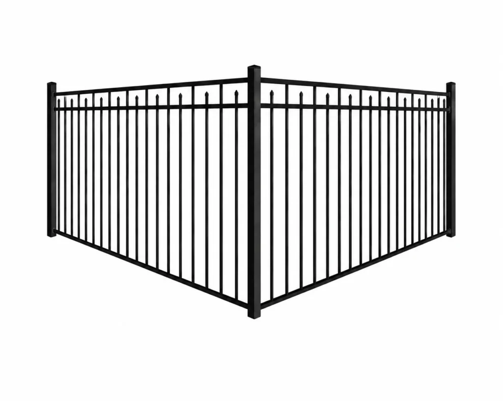 3D rendering of a black aluminum fence with alternating extended spear-top pickets