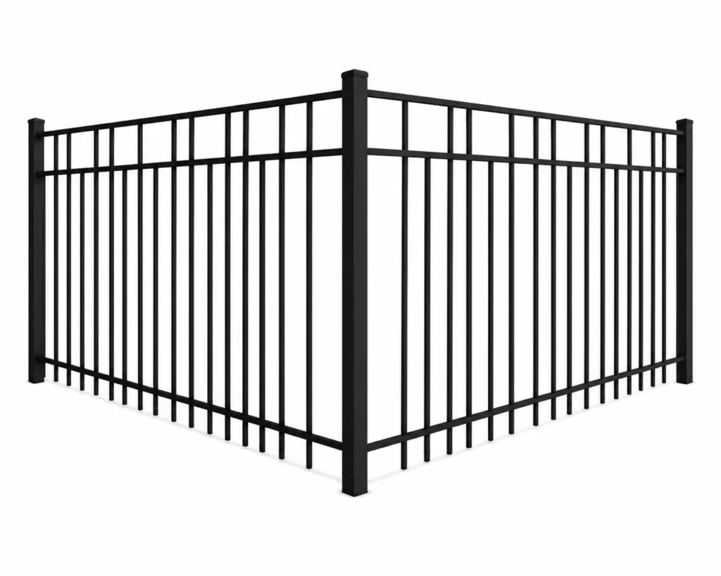3D rendering of a black aluminum fence with alternating flat-top pickets