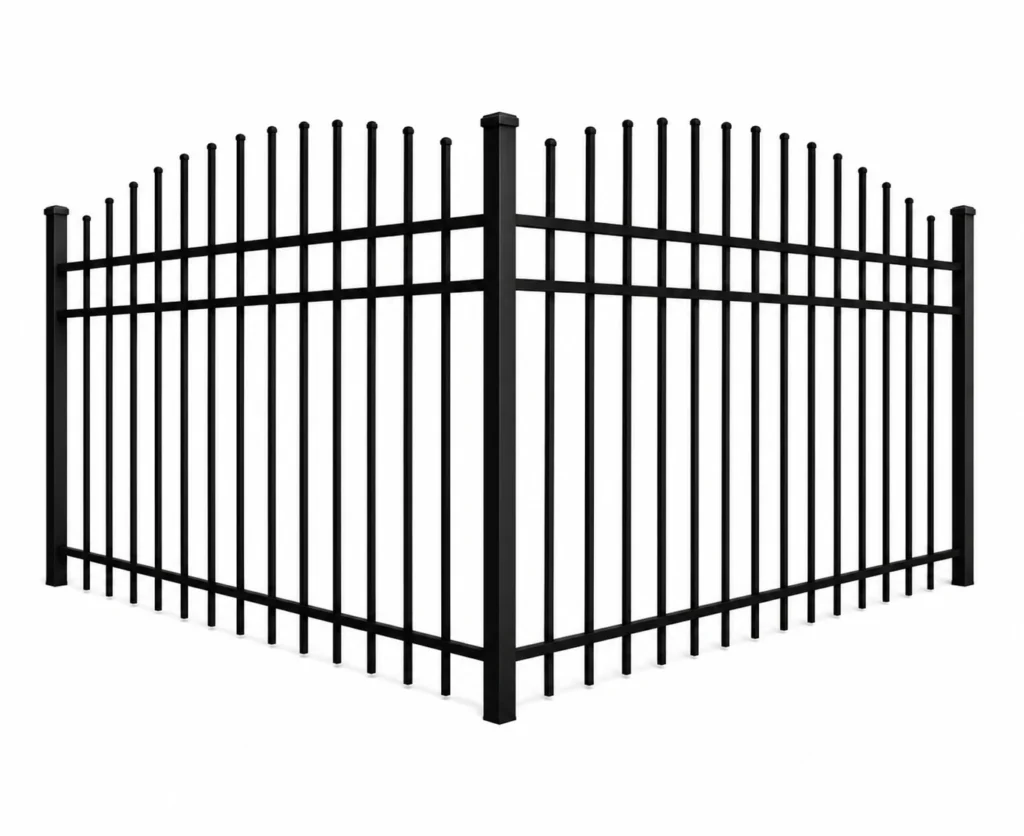 3D rendering of a black aluminum fence with an arched top rail
