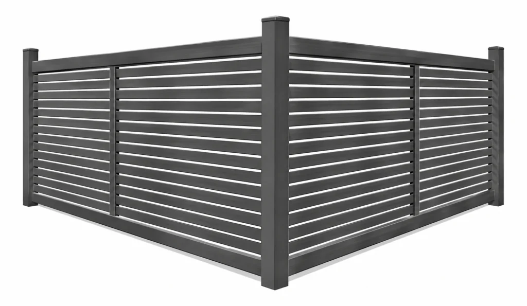3D rendering of a dark gray composite semi-privacy fence with horizontal slats