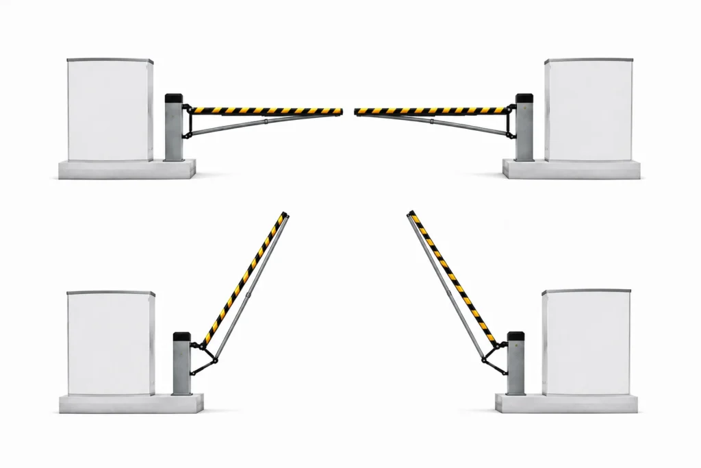3D rendering of a yellow and black automated barrier lift arm gate