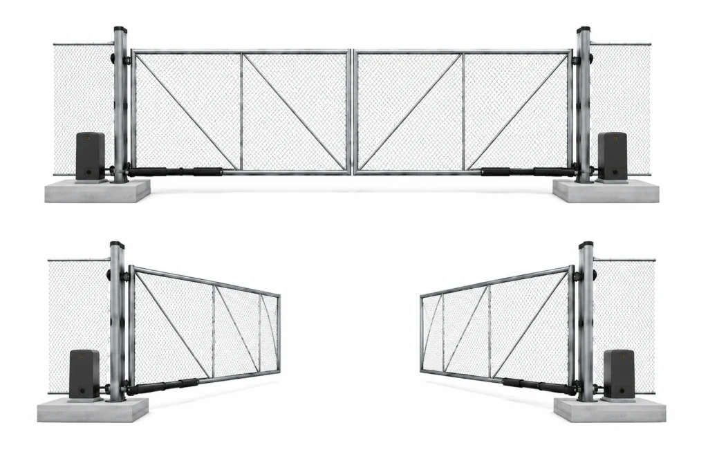 3D rendering of an automated galvanized chain link swing gate shown in open and closed positions