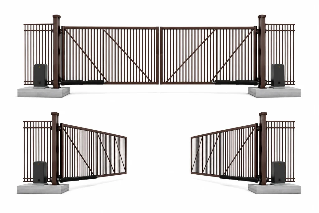 3D rendering of an automated bronze aluminum swing gate shown in open and closed positions