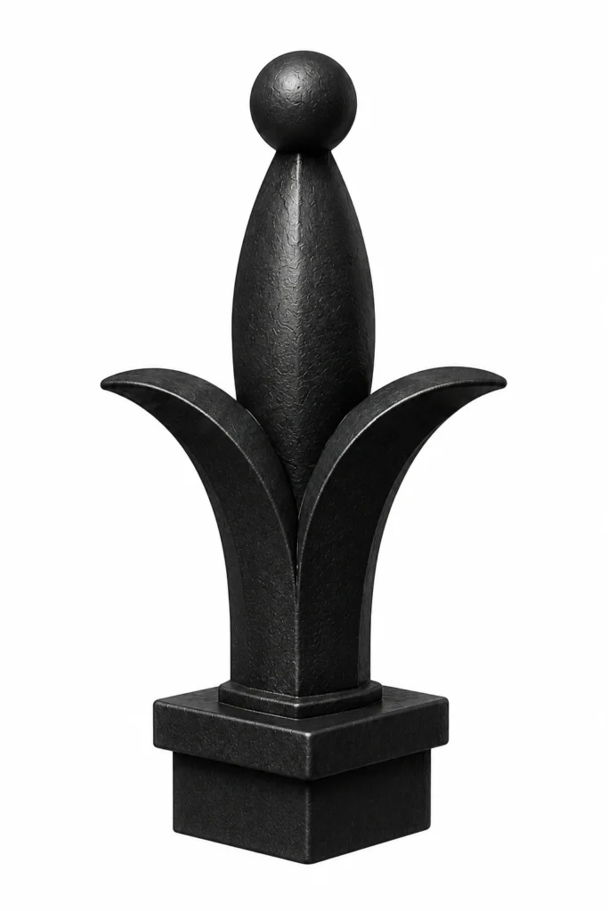 3D rendering of a black aluminum fence post finial in a ball and tulip design