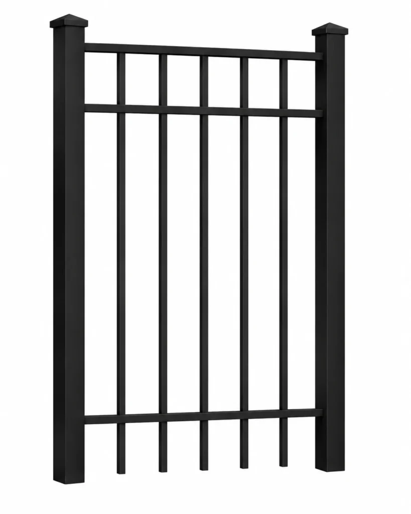 3D rendering of a black aluminum fence panel section