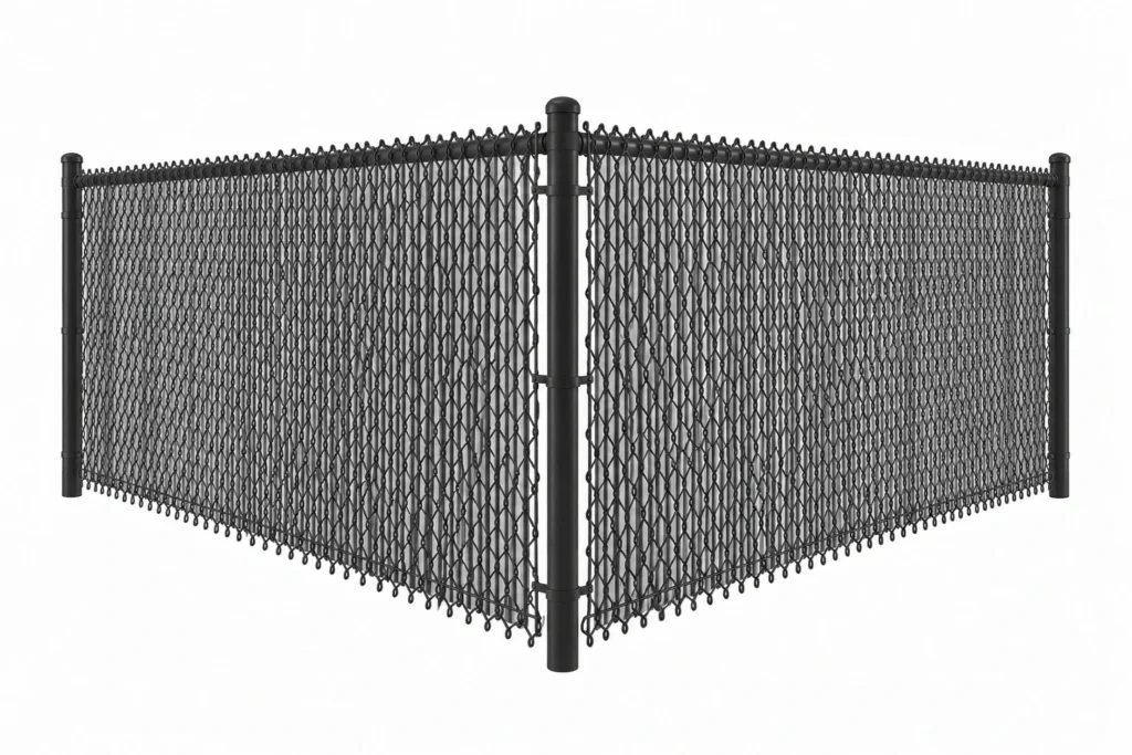 3D rendering of black privacy slats woven into a chain link fence