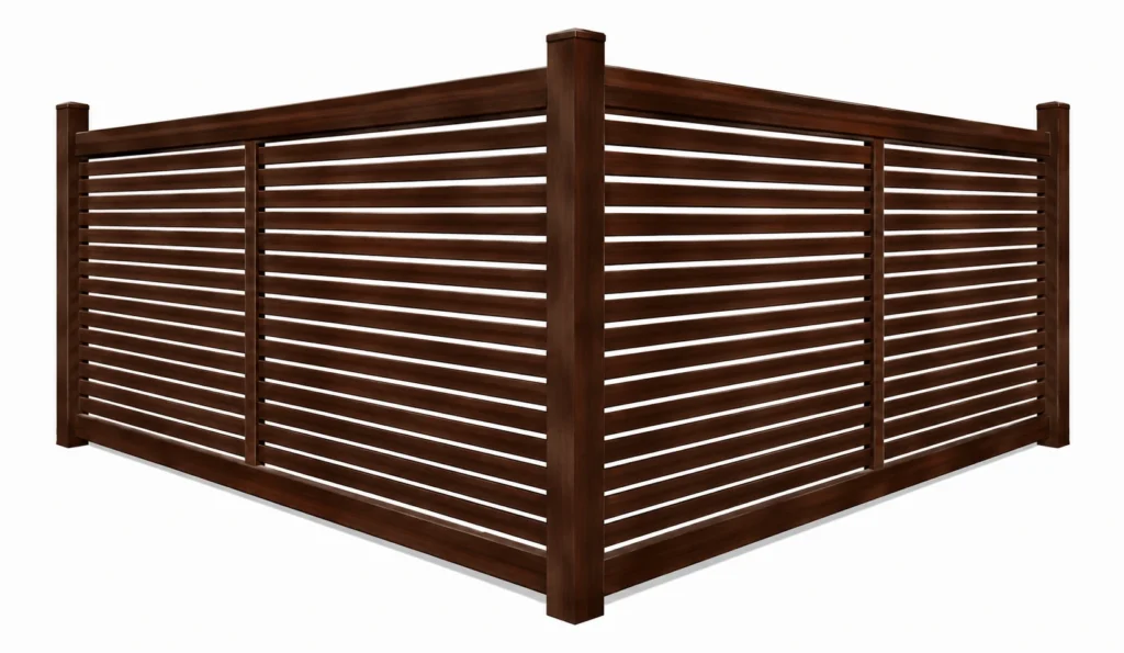 3D rendering of a dark brown composite semi-privacy fence with horizontal slats
