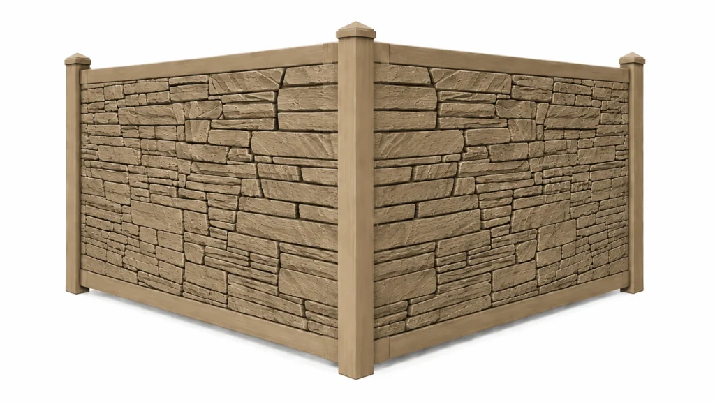 3D rendering of a composite fence panel styled to look like tan brown granite stone