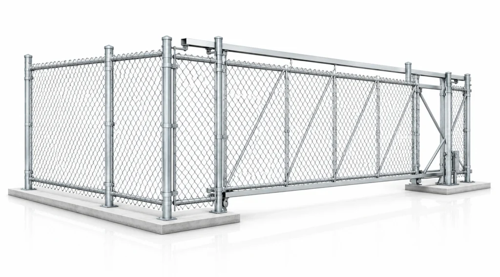 3D rendering of a galvanized chain link cantilever slide gate