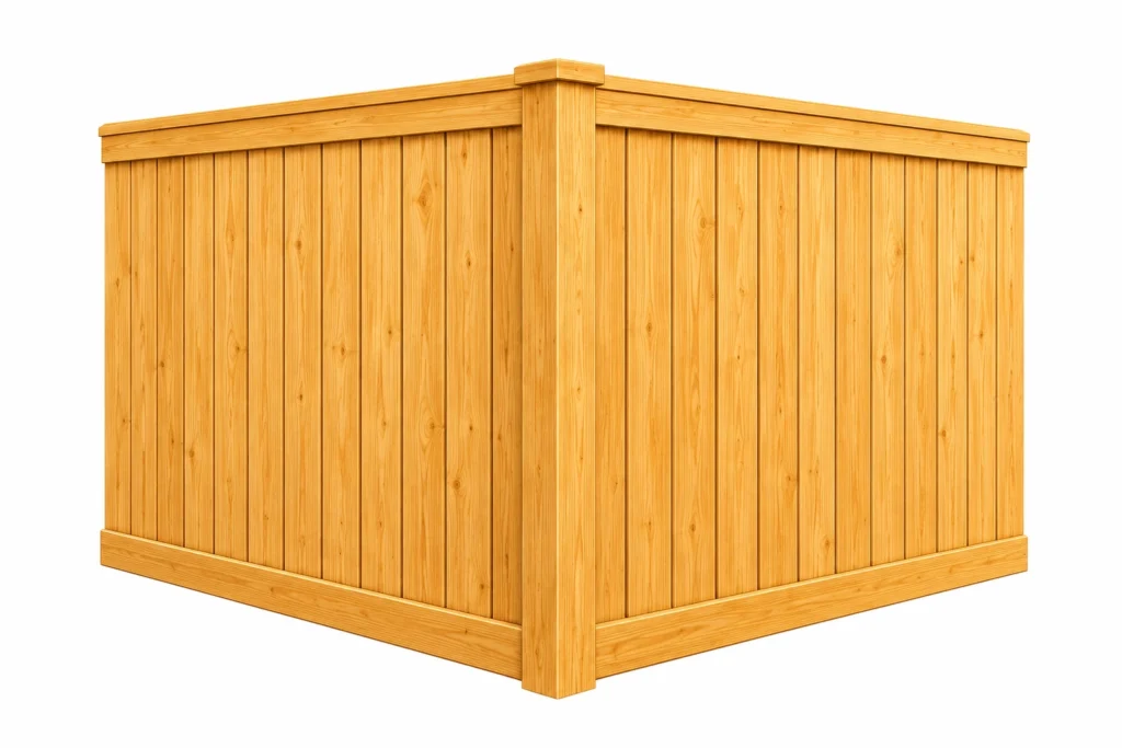 3D rendering of a wood privacy fence with a cap and trim board style