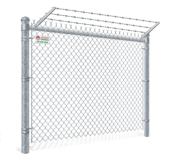 Product image of a galvanized chain link fence section with a company sign