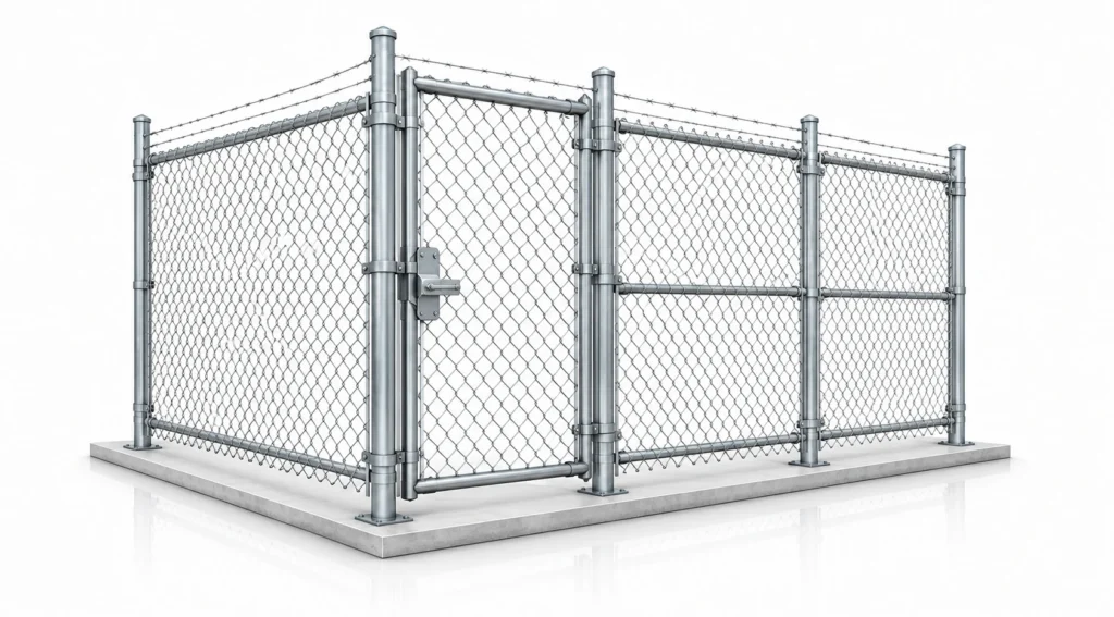 3D rendering of a galvanized chain link fence topped with barbed wire