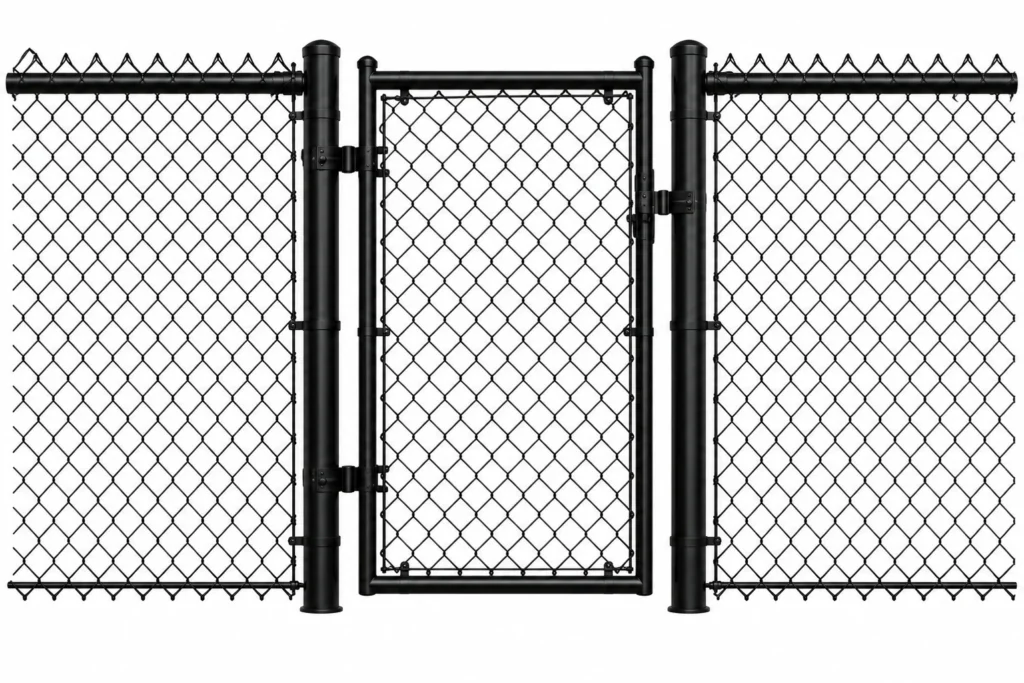 3D rendering of a black chain link fence with a single walk gate