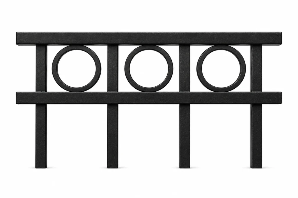 3D rendering of a black aluminum fence panel with decorative circle ring accents
