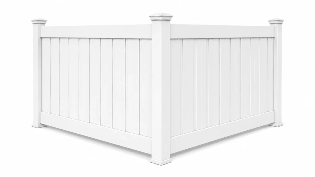 3D rendering of a white vinyl fence with tightly spaced closed pickets