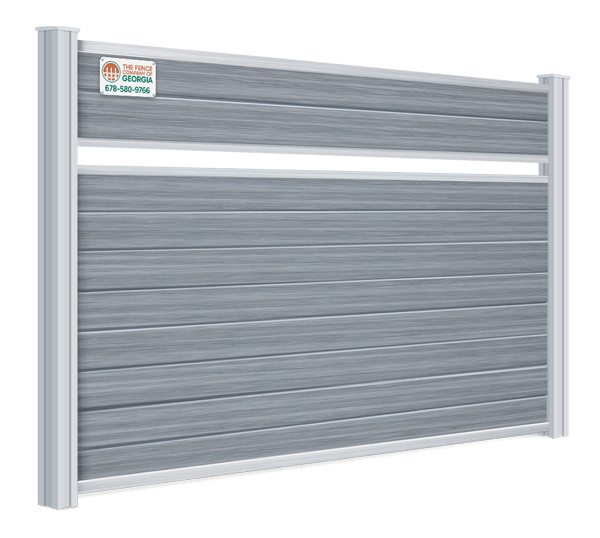 Product image of a gray-blue composite fence panel with a company sign