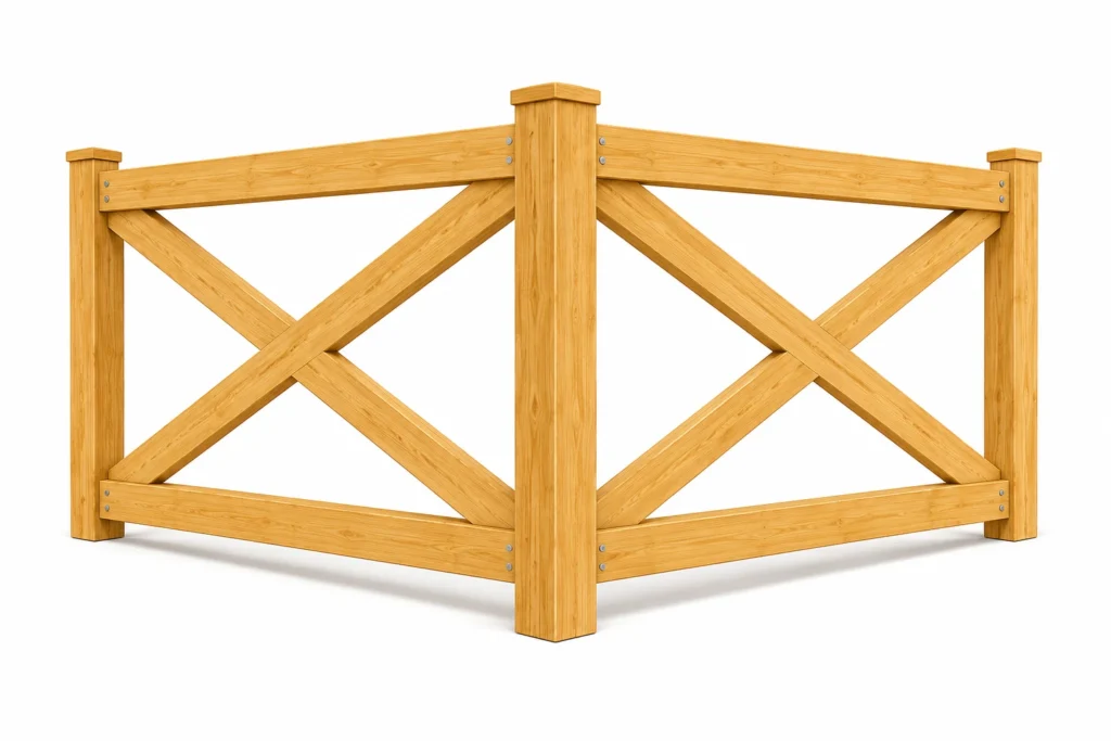 3D rendering of a wood rail fence with crossbuck accent panels
