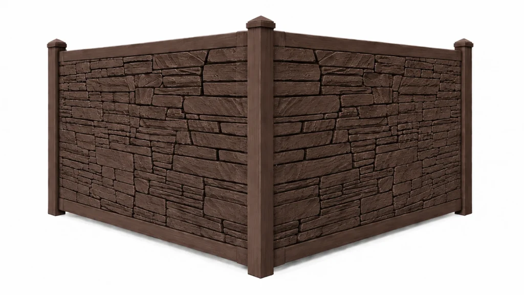 3D rendering of a composite fence panel styled to look like dark brown granite stone