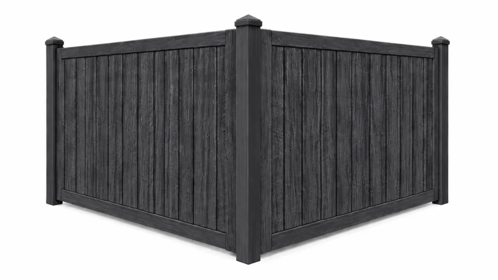3D rendering of a dark gray composite privacy fence with vertical boards