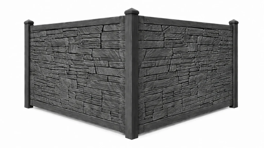 3D rendering of a composite fence panel styled to look like dark gray granite stone