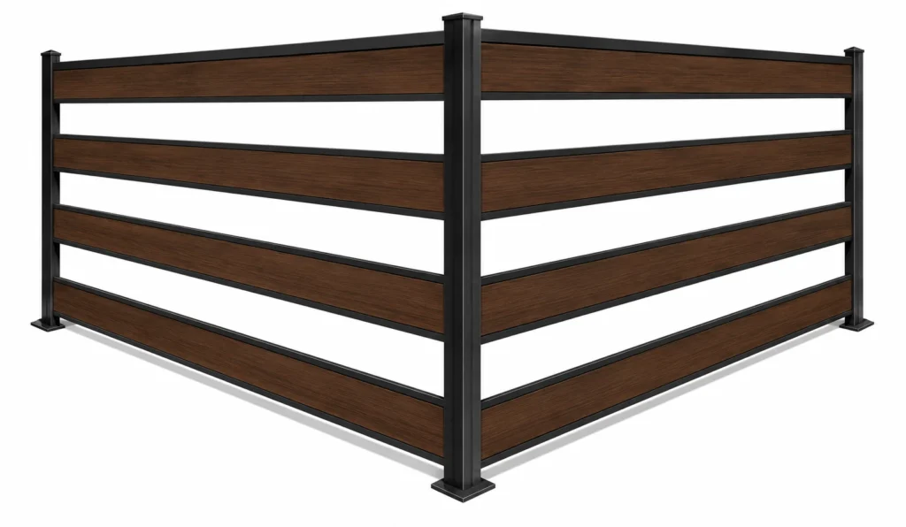 3D rendering of a metal-framed semi-privacy fence with brown composite horizontal boards