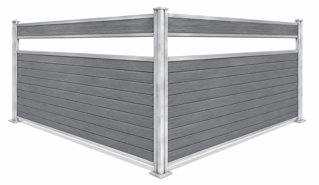 3D rendering of a metal-framed semi-privacy fence with gray composite horizontal boards