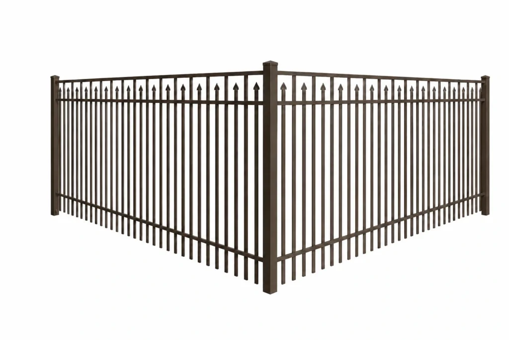 3D rendering of a bronze aluminum fence with a double alternating picket pattern