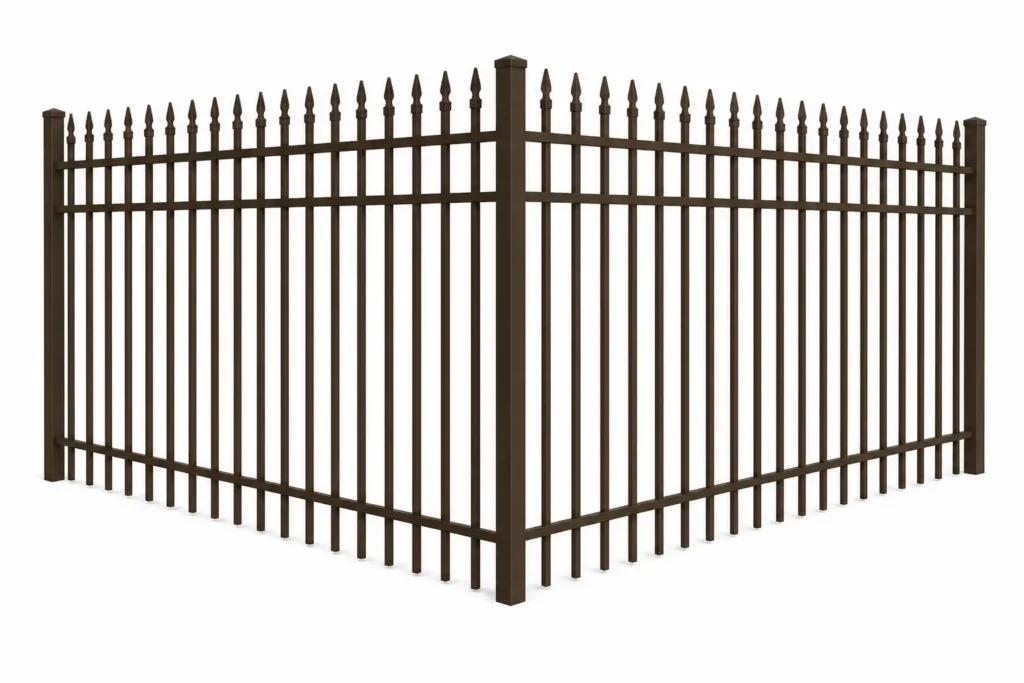 3D rendering of a bronze aluminum fence with a double extended picket design