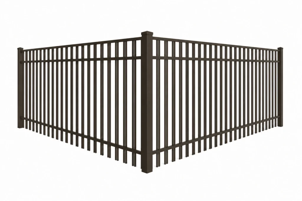 3D rendering of a bronze aluminum fence with a double picket flat-top design