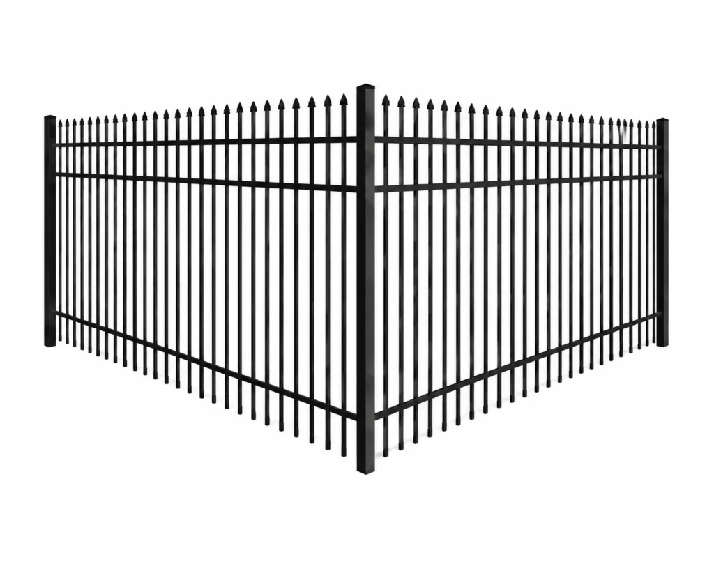 3D rendering of a black aluminum fence with double picket spear tops
