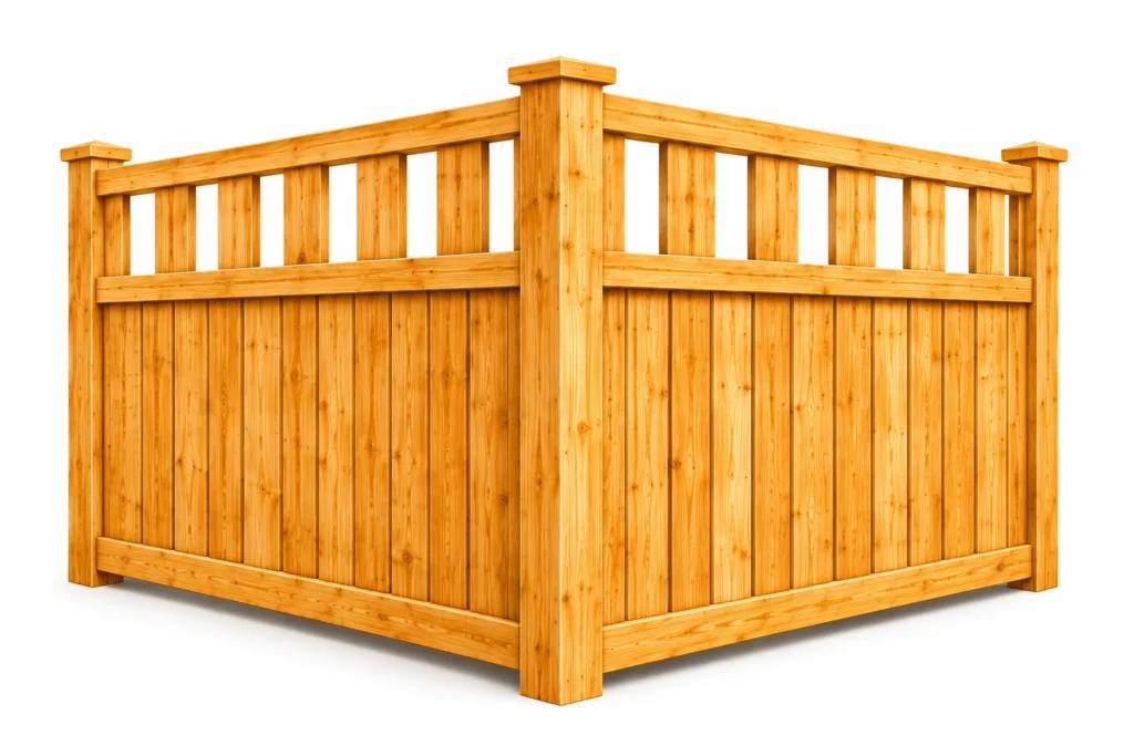 3D rendering of a wood privacy fence with an alternating picket top rail