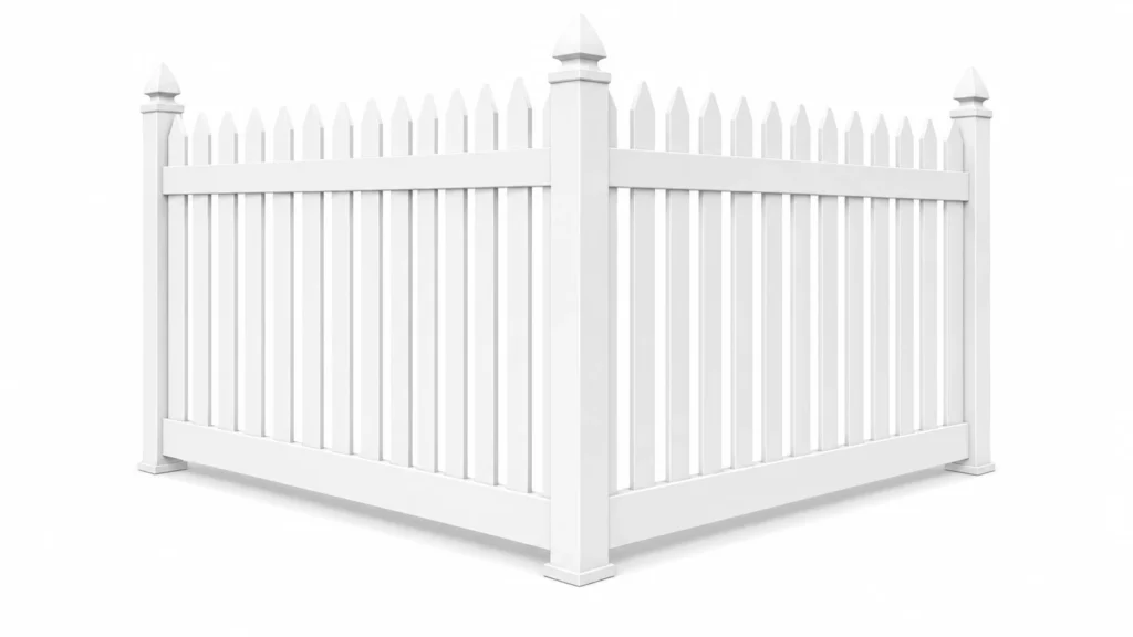 3D rendering of a white vinyl picket fence with extended finial tops