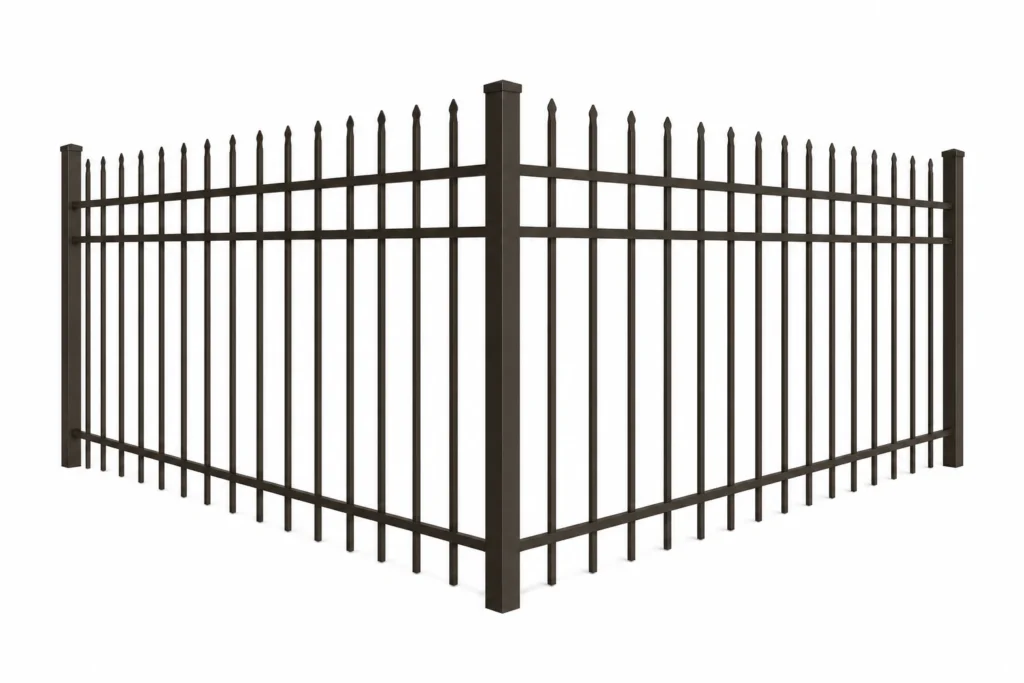 3D rendering of a bronze aluminum fence with extended spear-top pickets