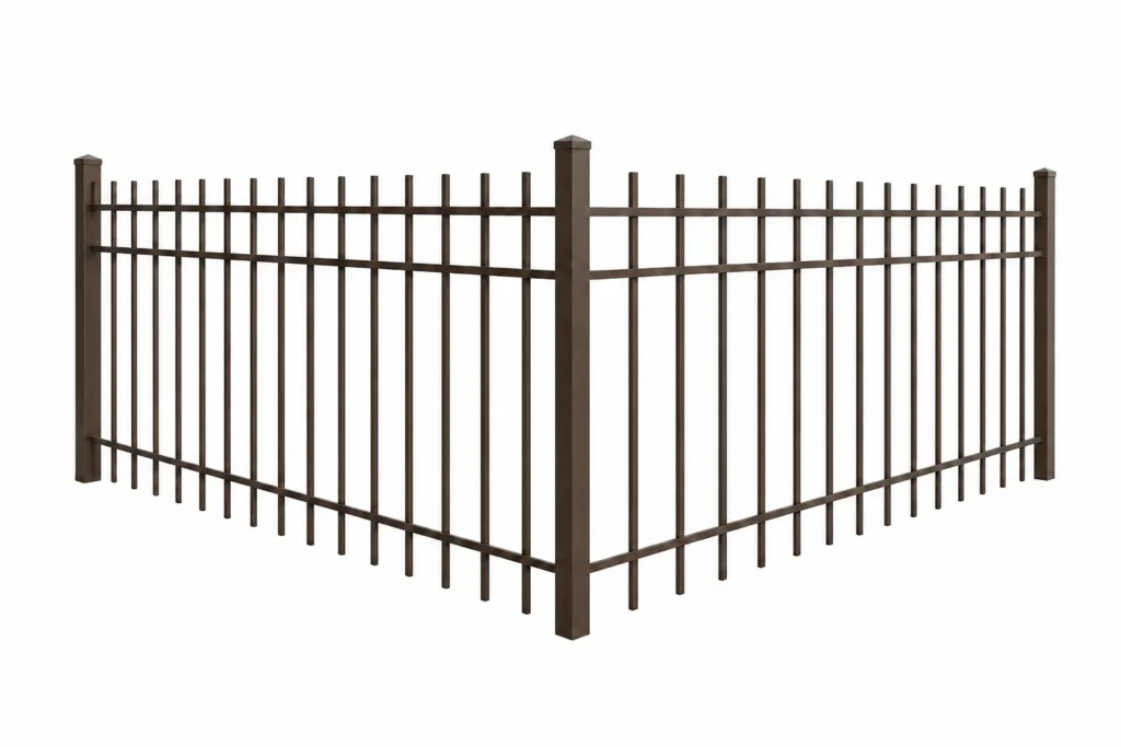 3D rendering of a bronze aluminum fence with an extended picket design