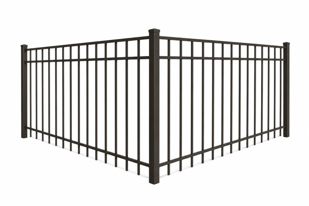 3D rendering of a bronze aluminum fence with a flat-top rail design