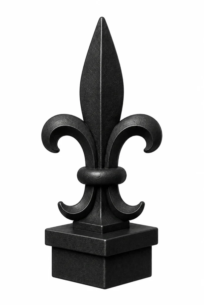 3D rendering of a black aluminum fence post finial in a fleur-de-lis design