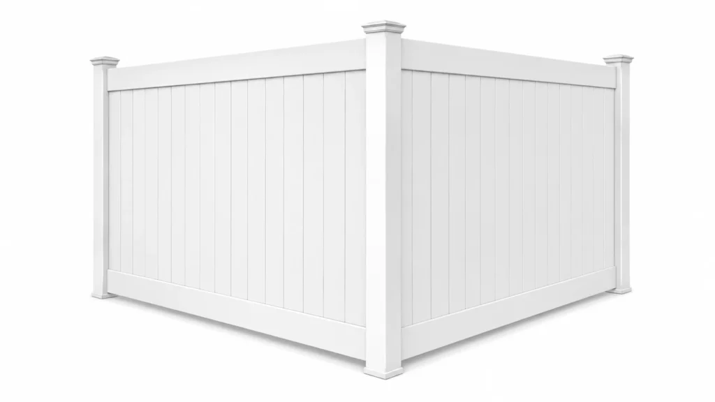 3D rendering of a white vinyl full privacy fence
