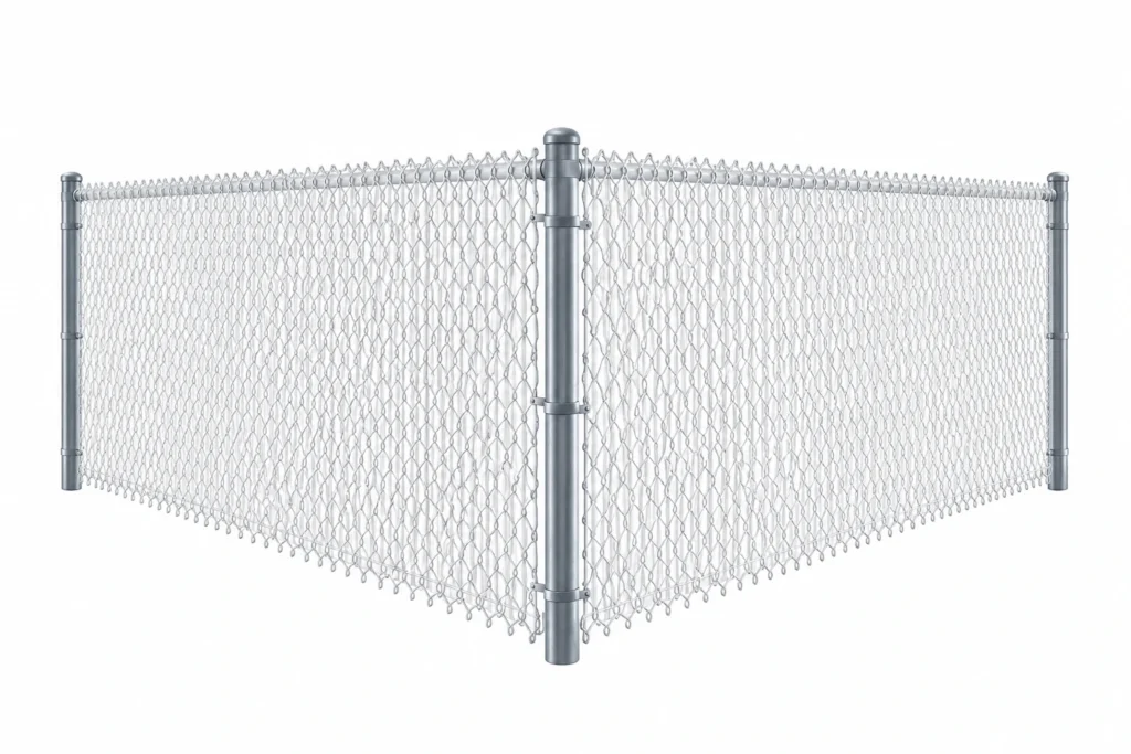 3D rendering of galvanized silver privacy slats woven into a chain link fence