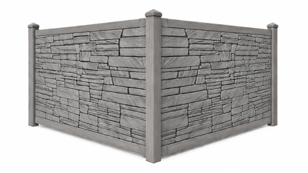 3D rendering of a composite fence panel styled to look like gray granite stone