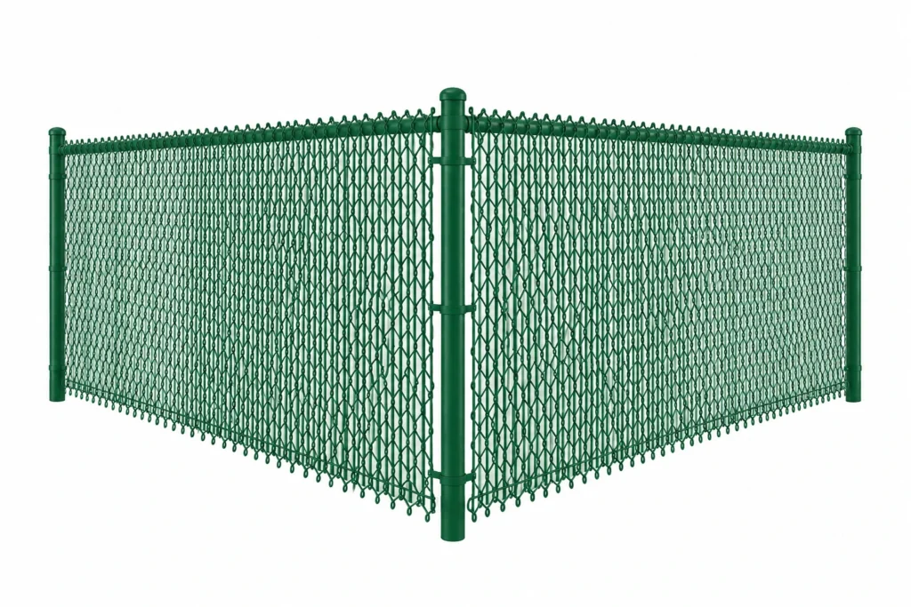 3D rendering of green privacy slats woven into a chain link fence