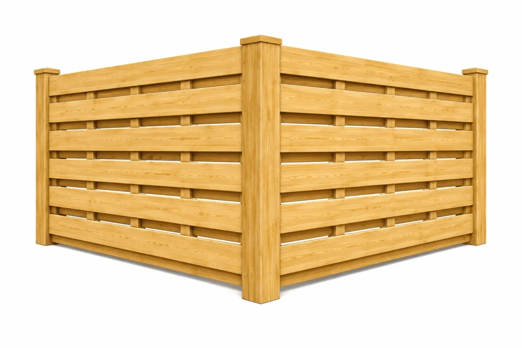 3D rendering of a horizontal wood shadowbox fence with alternating slats