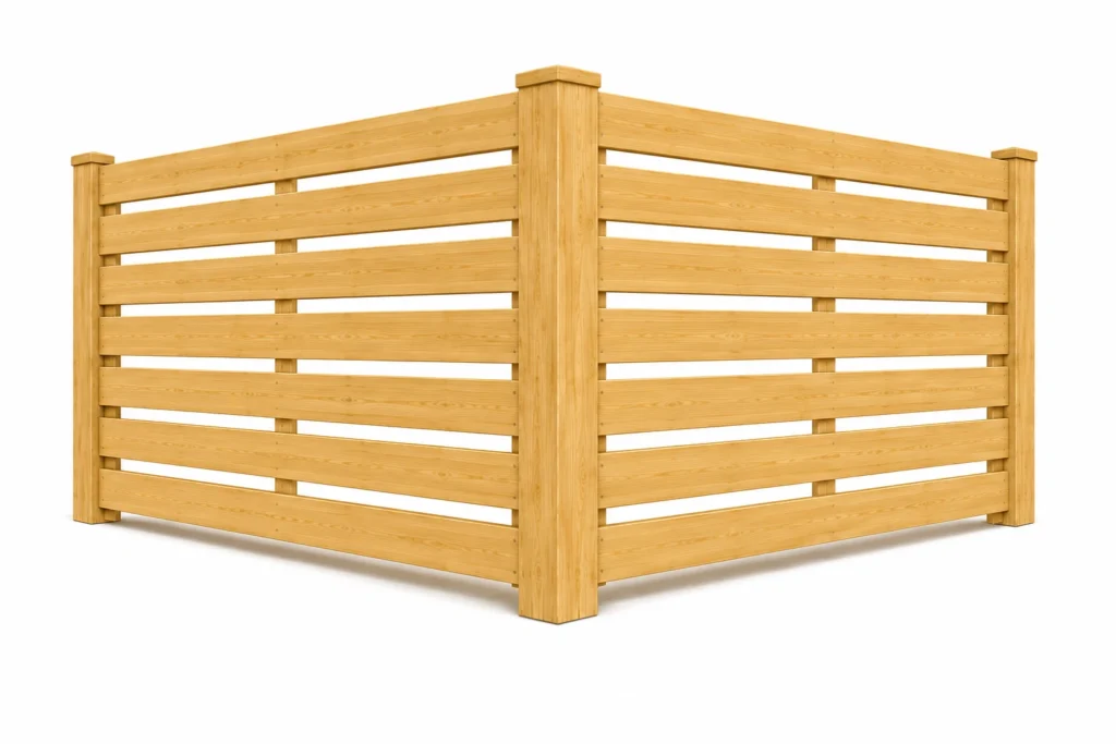 3D rendering of a horizontal wood fence with spaced board gaps