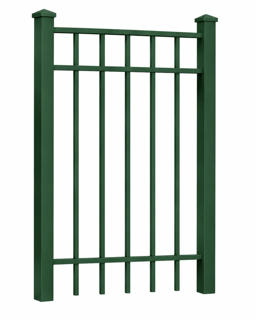 3D rendering of a hunter green aluminum fence panel section